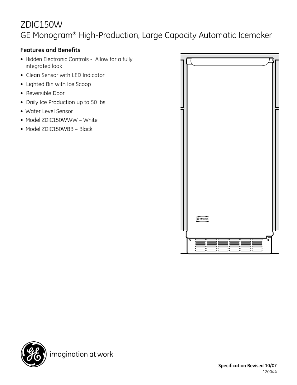 Zdic150w, Ge monogram, High-production, large capacity automatic icemaker | GE ZDIC150W User Manual | Page 3 / 3