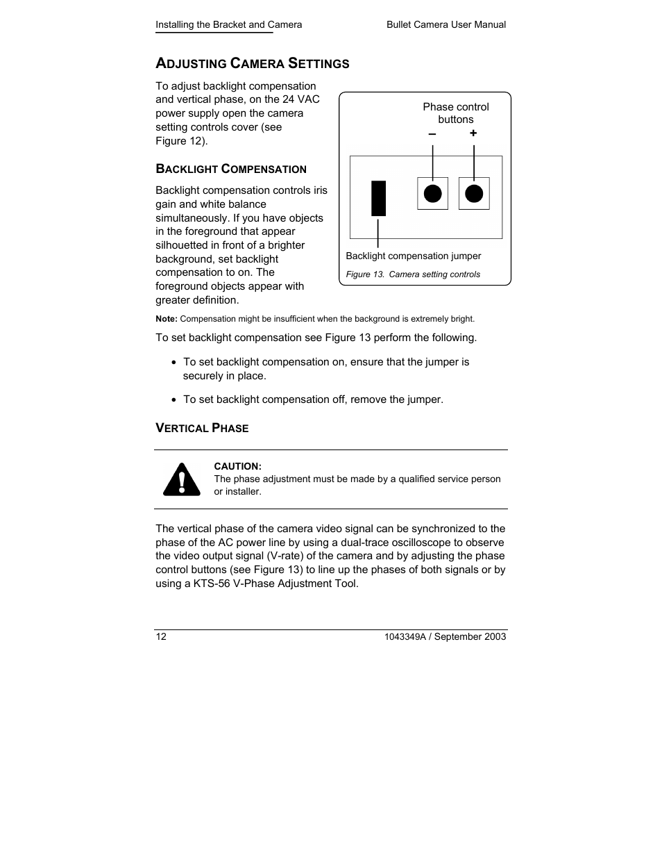 Adjusting camera settings, Backlight compensation, Vertical phase | GE KTC-CBS24 User Manual | Page 12 / 16