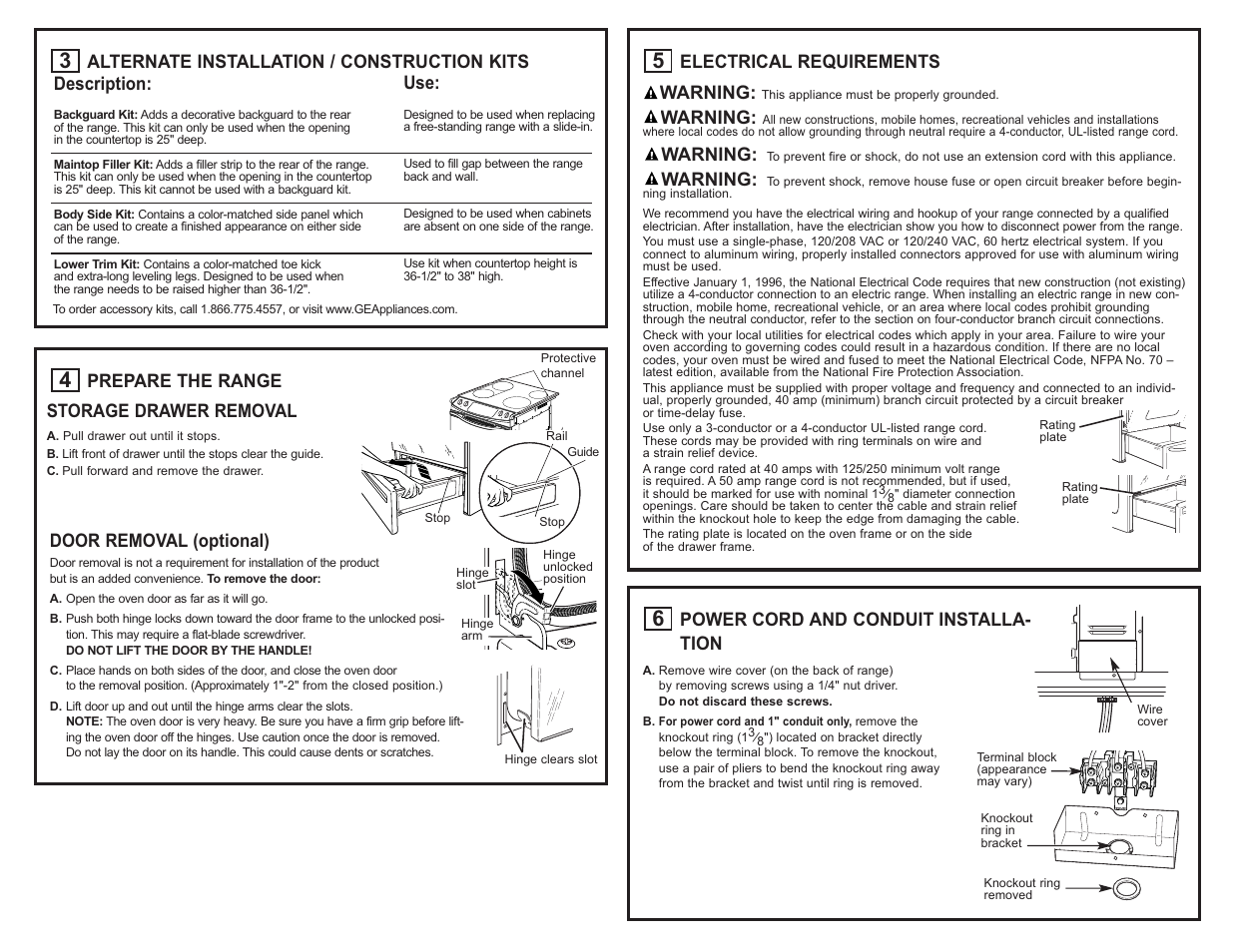 Door removal (optional), Prepare the range, Storage drawer removal | Power cord and conduit installa- tion, Electrical requirements warning, Warning, Alternate installation / construction kits, Description | GE 31-10673 09-08 JR User Manual | Page 2 / 4