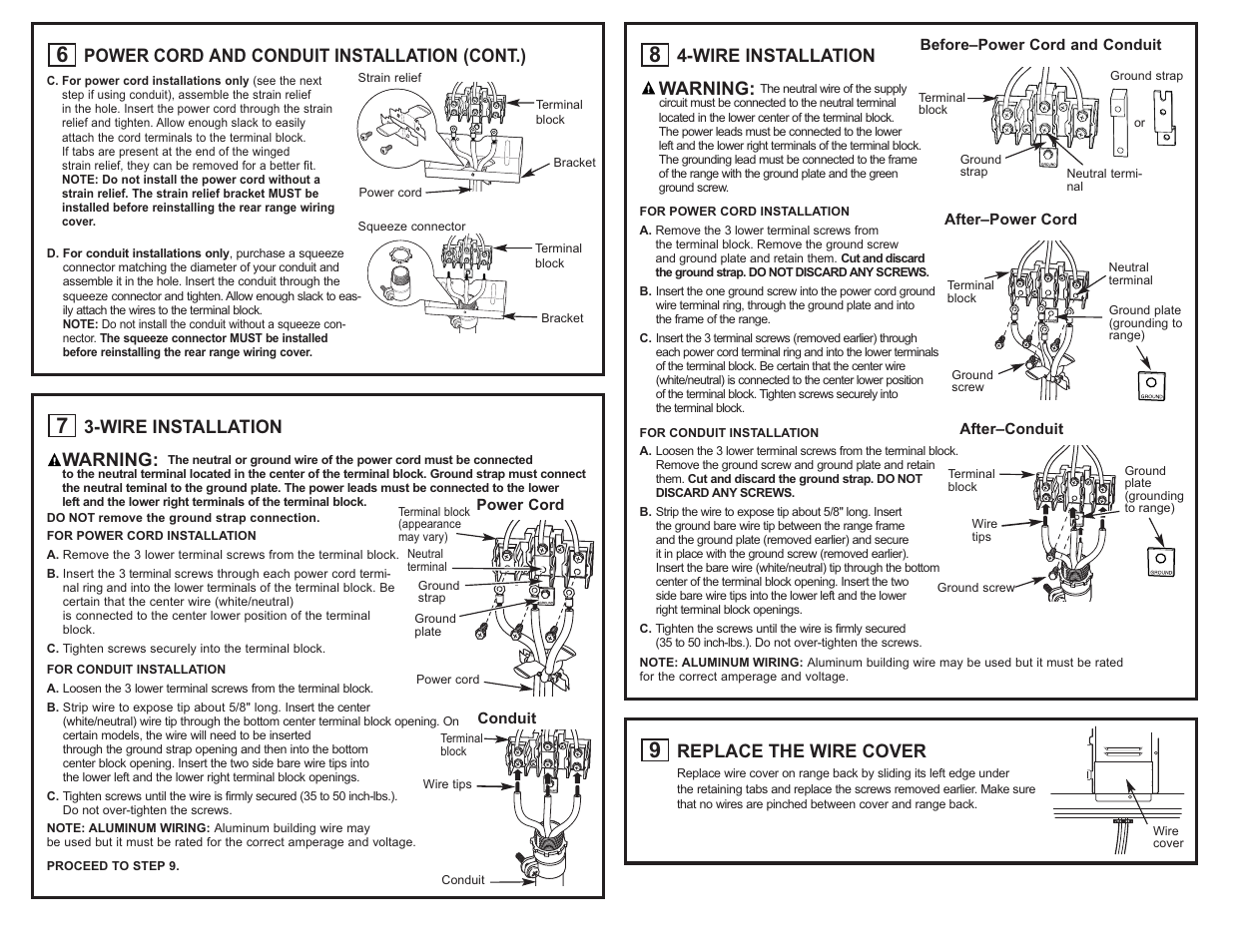 Wire installation warning, Replace the wire cover, Power cord and conduit installation (cont.) | GE 31-10673 09-08 JR User Manual | Page 3 / 4