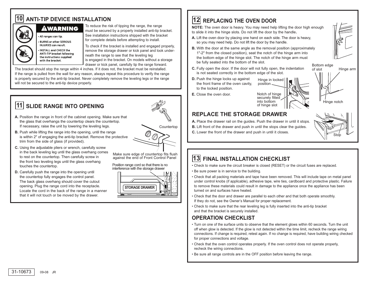 Replacing the oven door, Replace the storage drawer, Slide range into opening | Anti-tip device installation, Final installation checklist, Operation checklist | GE 31-10673 09-08 JR User Manual | Page 4 / 4