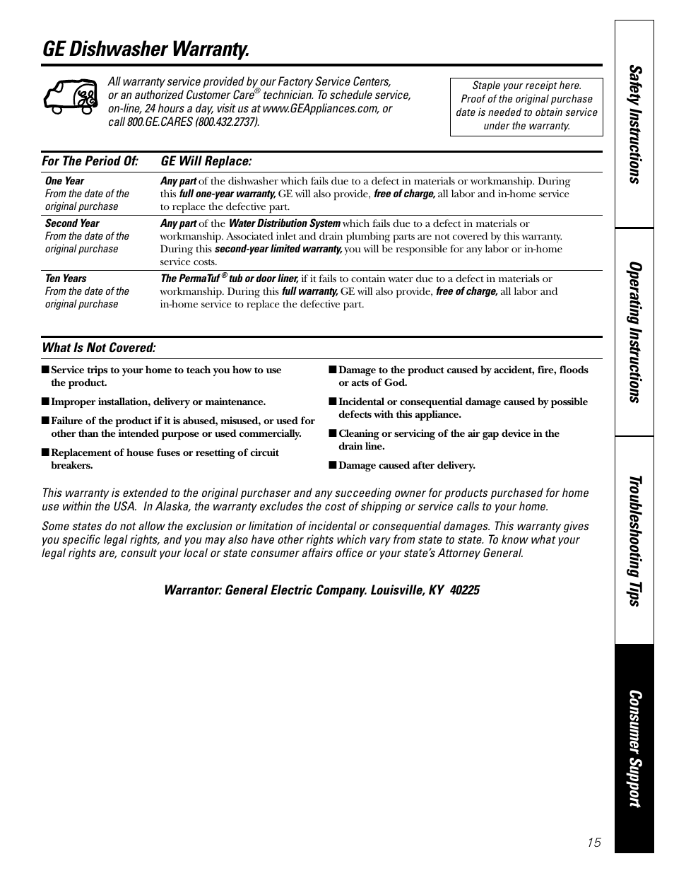 Warranty, Ge dishwasher warranty | GE EDW1500 Series User Manual | Page 15 / 16