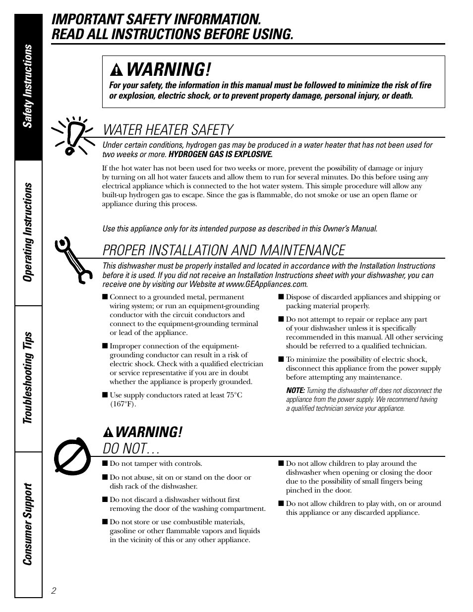 Safety instructions, Warning, Proper installation and maintenance | Water heater safety, Warning! do not | GE EDW1500 Series User Manual | Page 2 / 16