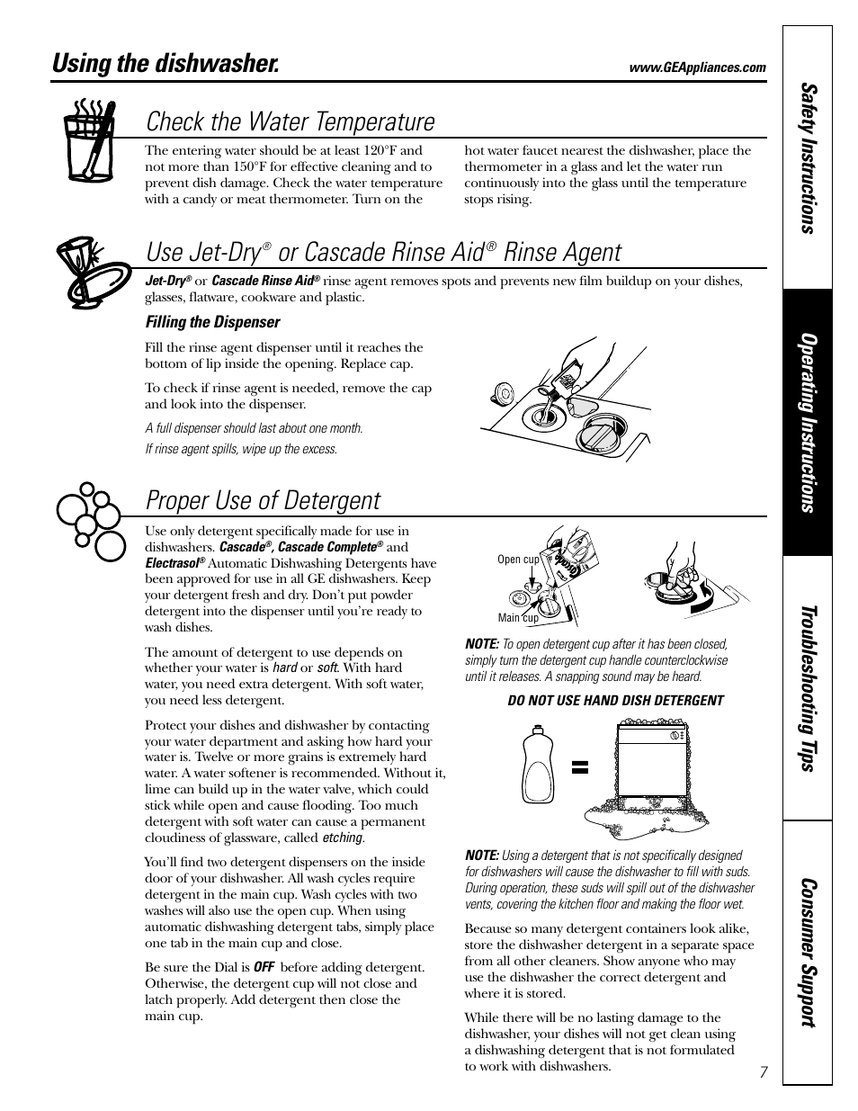 Using the dishwasher, Using the dishwasher , 8, Check the water temperature | Use jet-dry, Or cascade rinse aid, Rinse agent, Proper use of detergent | GE EDW1500 Series User Manual | Page 7 / 16