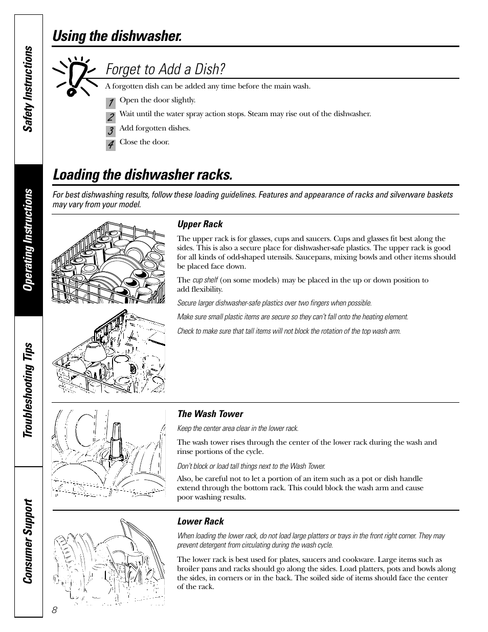 Loading the dishwasher racks, Loading the dishwasher racks , 9, 43 2 1 forget to add a dish | Using the dishwasher. loading the dishwasher racks | GE EDW1500 Series User Manual | Page 8 / 16
