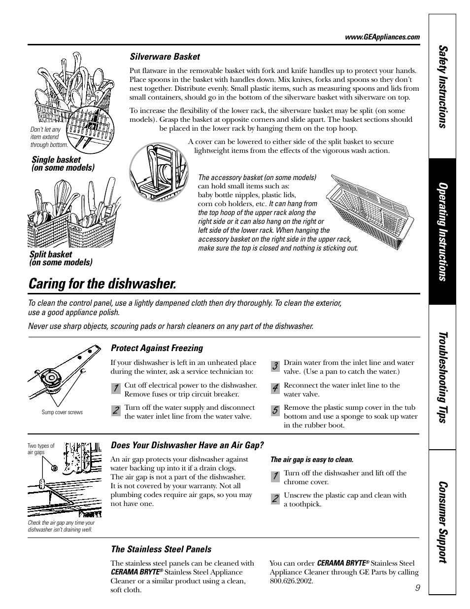 Care and cleaning, Caring for the dishwasher | GE EDW1500 Series User Manual | Page 9 / 16