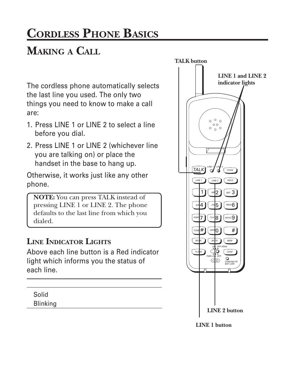 Cordless phone basics, Making a call, Line indicator lights | Ordless, Hone, Asics, Aking | GE 2-9926 User Manual | Page 10 / 26