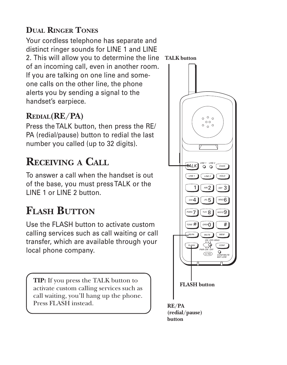 Dual ringer tones, Redial(re/pa), Receiving a call | Flash button, Re/pa), Eceiving, Lash, Utton | GE 2-9926 User Manual | Page 11 / 26