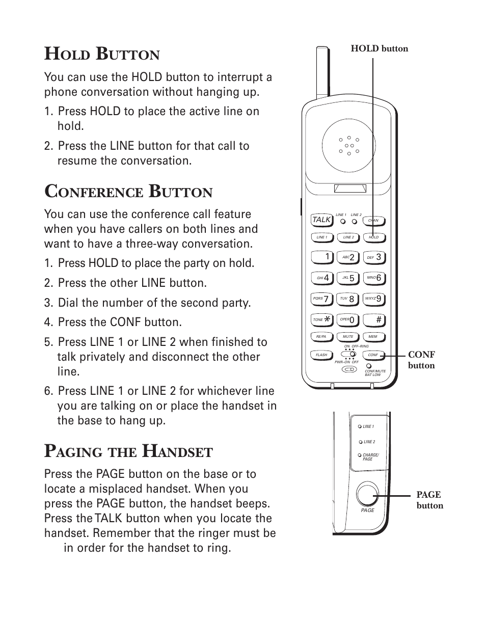 Hold button, Conference button, Paging the handset | Utton, Onference, Aging, Andset | GE 2-9926 User Manual | Page 14 / 26