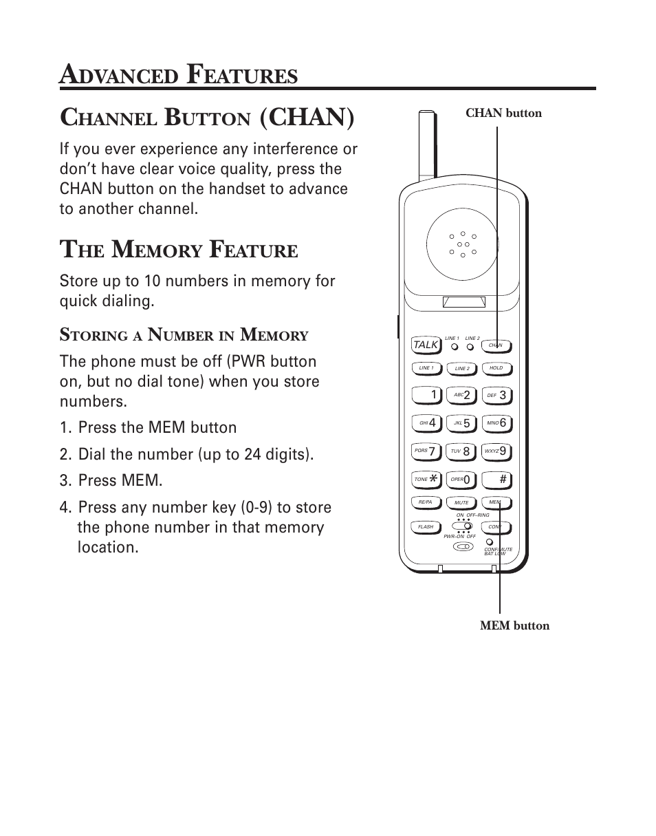 Advanced features, Chan), Dvanced | Eatures, Hannel, Utton, Emory, Eature | GE 2-9926 User Manual | Page 15 / 26