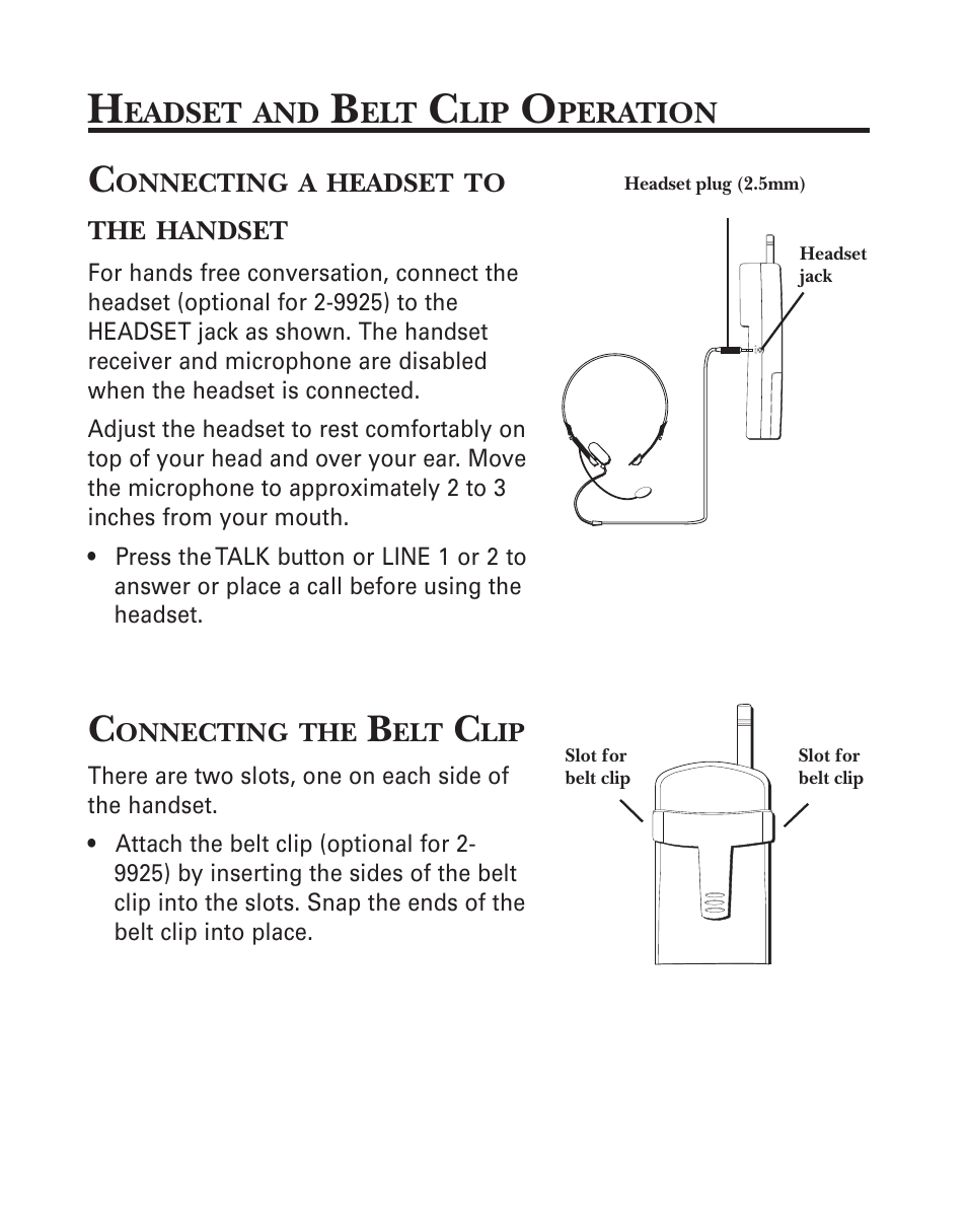 Headset and belt clip operation, Connecting a headset to handset, Connecting the belt clip | GE 2-9926 User Manual | Page 18 / 26