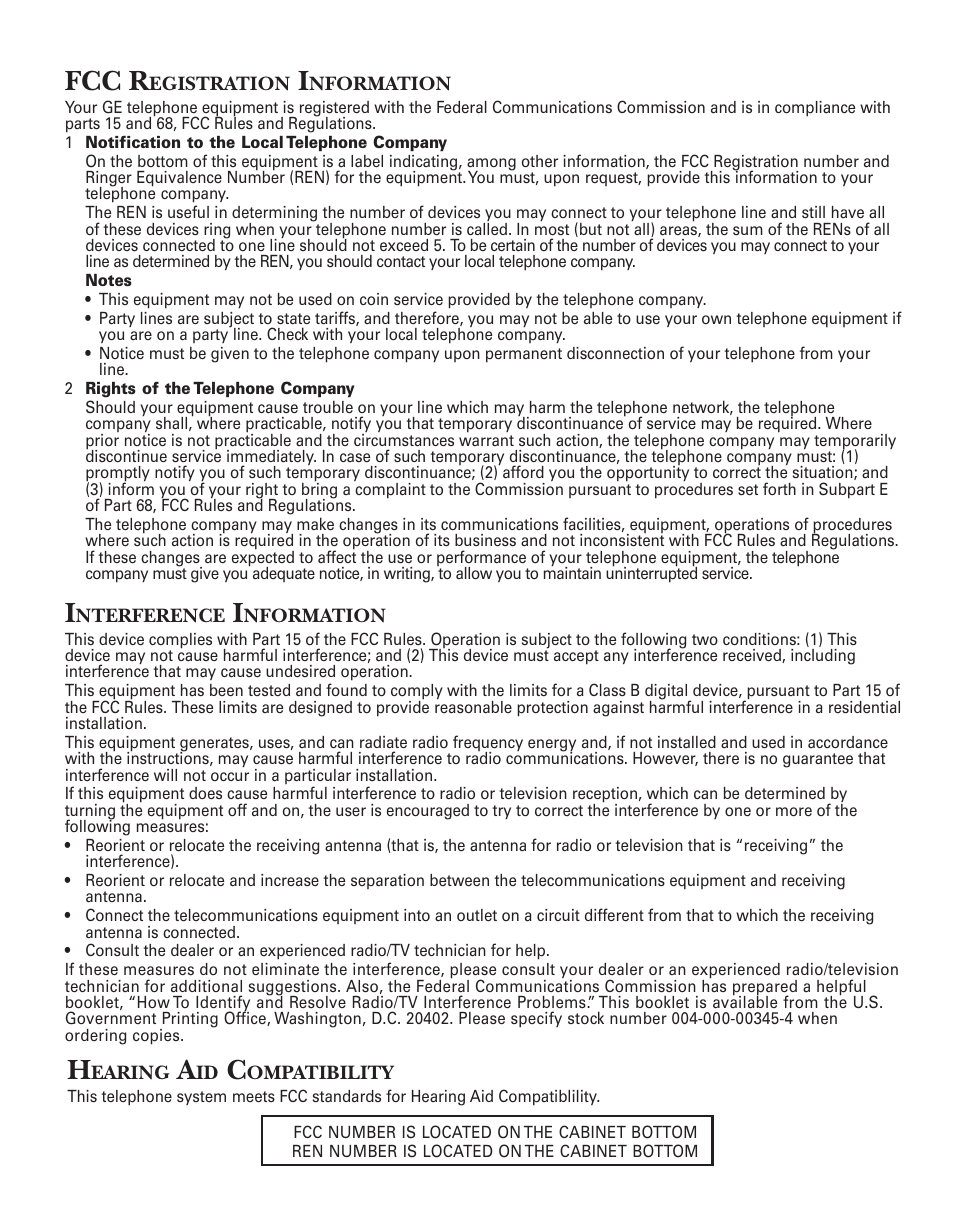 Fcc registration information, Interference information, Hearing aid compatibility | Fcc r | GE 2-9926 User Manual | Page 2 / 26