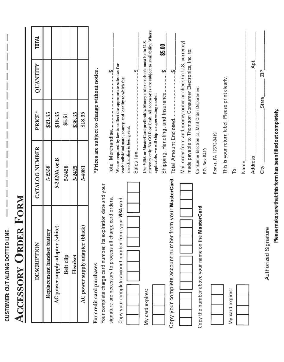 Accessory order form, Ccessor y, Rder | GE 2-9926 User Manual | Page 24 / 26