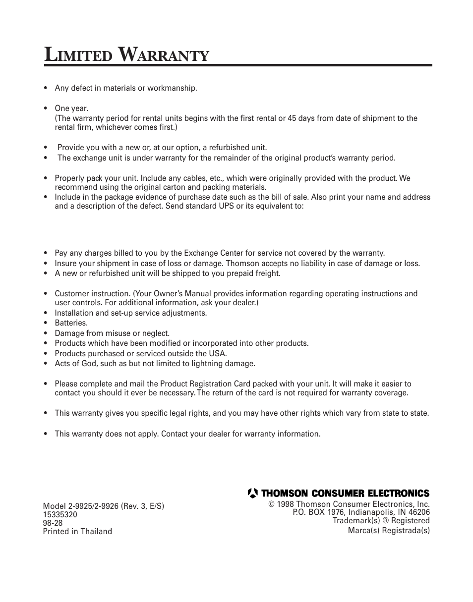 Index, Imited, Arranty | GE 2-9926 User Manual | Page 26 / 26