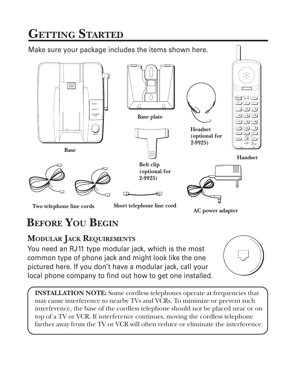 Modular jack requirements, Getting started, Etting | Tarted, Efore, Egin, Odular, Equirements, Ac power adapter two telephone line cords, Short telephone line cord handset base | GE 2-9926 User Manual | Page 4 / 26