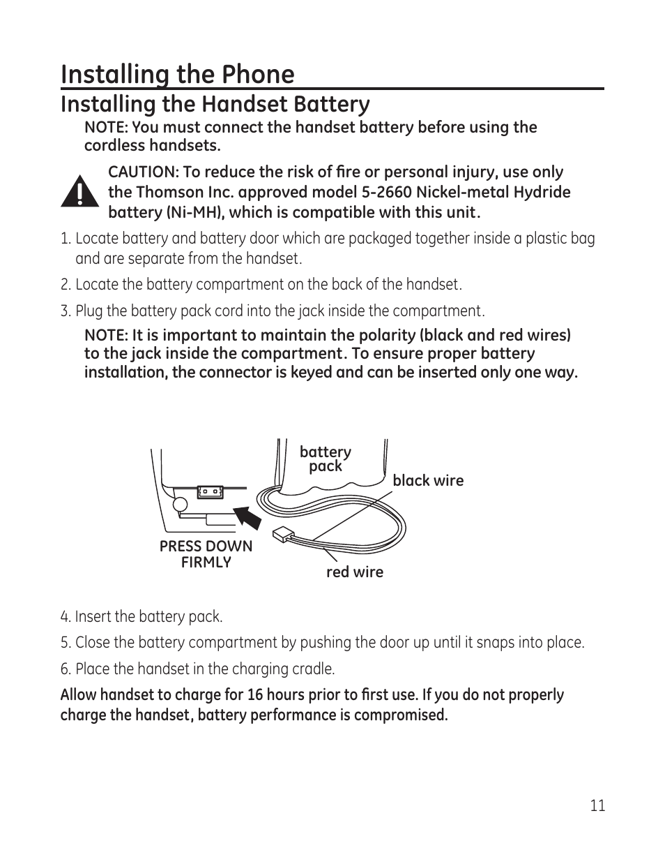 Installing the phone, Installing the handset battery | GE 00008005 User Manual | Page 11 / 62