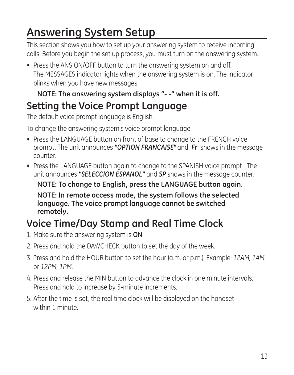 Answering system setup, Setting the voice prompt language, Voice time/day stamp and real time clock | GE 00008005 User Manual | Page 13 / 62