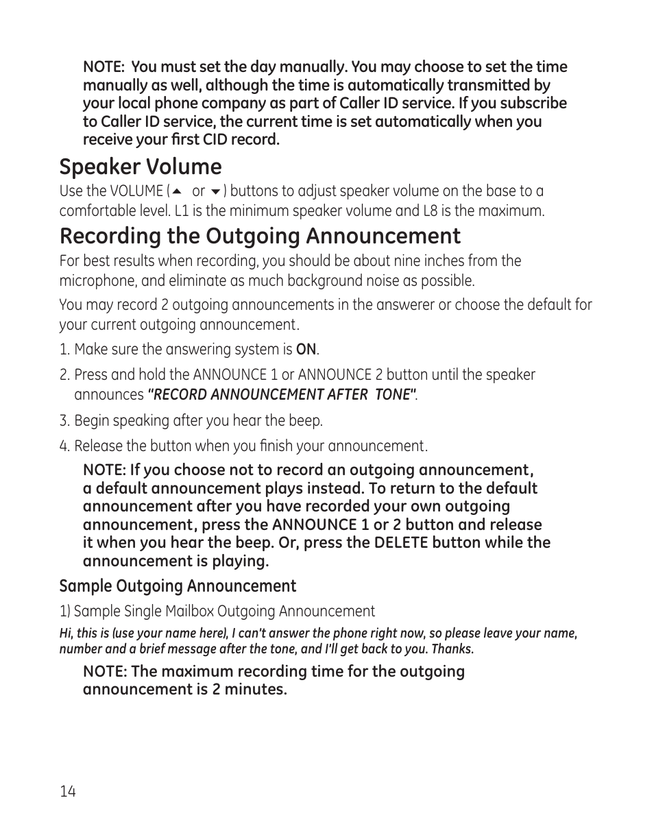 Speaker volume, Recording the outgoing announcement | GE 00008005 User Manual | Page 14 / 62