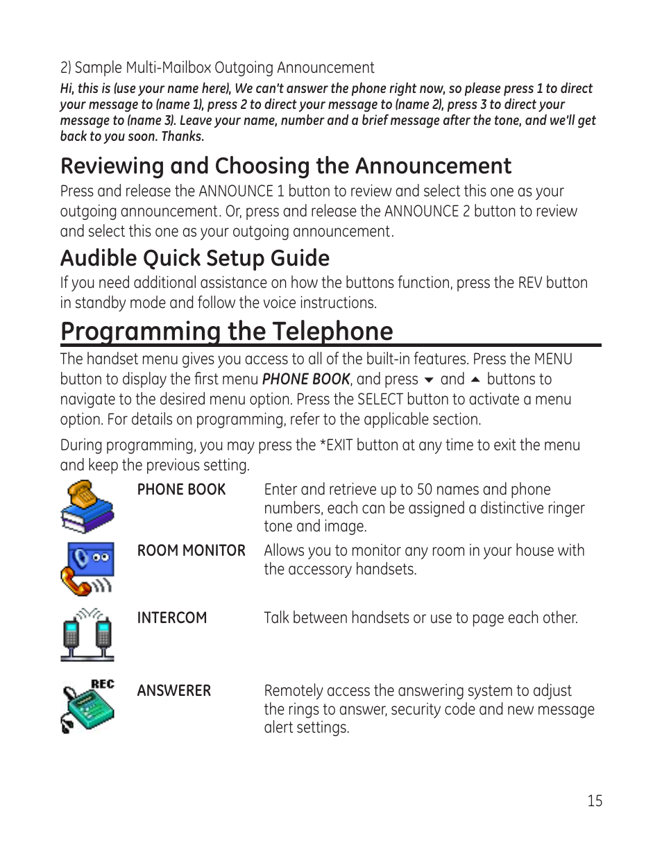 Programming the telephone, Reviewing and choosing the announcement, Audible quick setup guide | GE 00008005 User Manual | Page 15 / 62