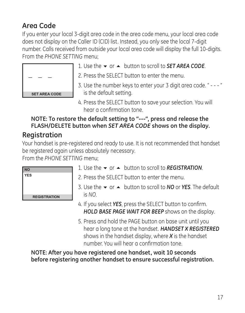 Area code, Registration | GE 00008005 User Manual | Page 17 / 62