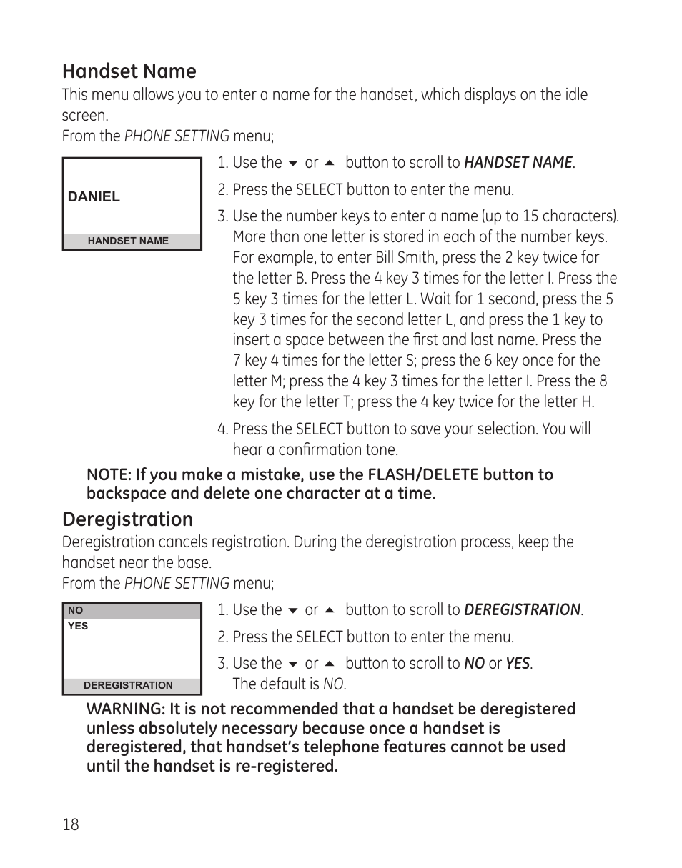 Handset name, Deregistration | GE 00008005 User Manual | Page 18 / 62