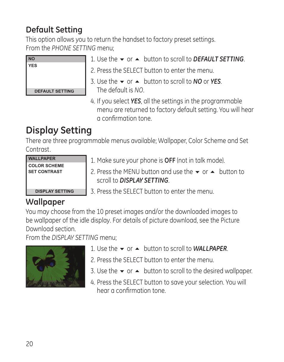 Display setting, Default setting, Wallpaper | GE 00008005 User Manual | Page 20 / 62