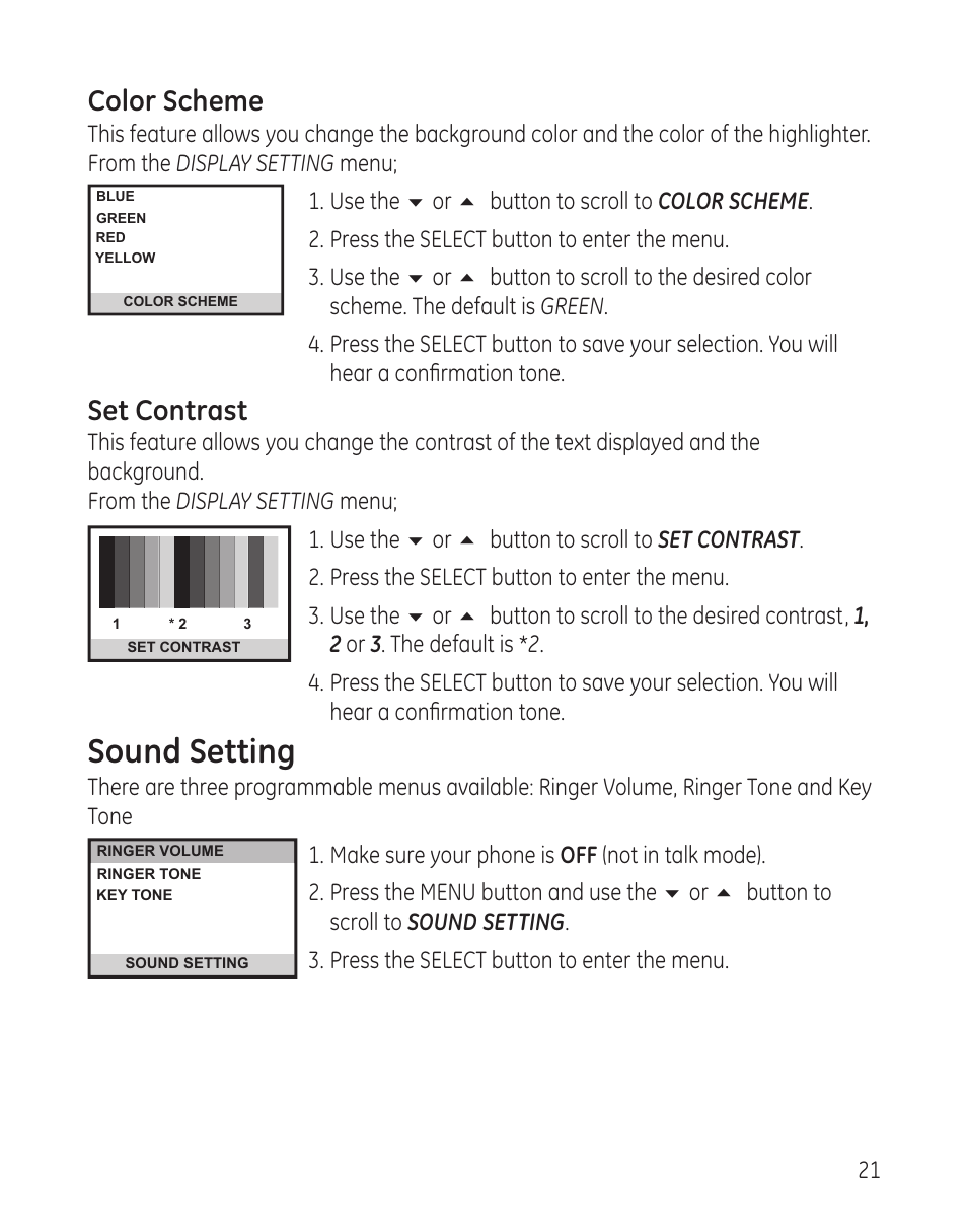 Sound setting, Color scheme, Set contrast | GE 00008005 User Manual | Page 21 / 62