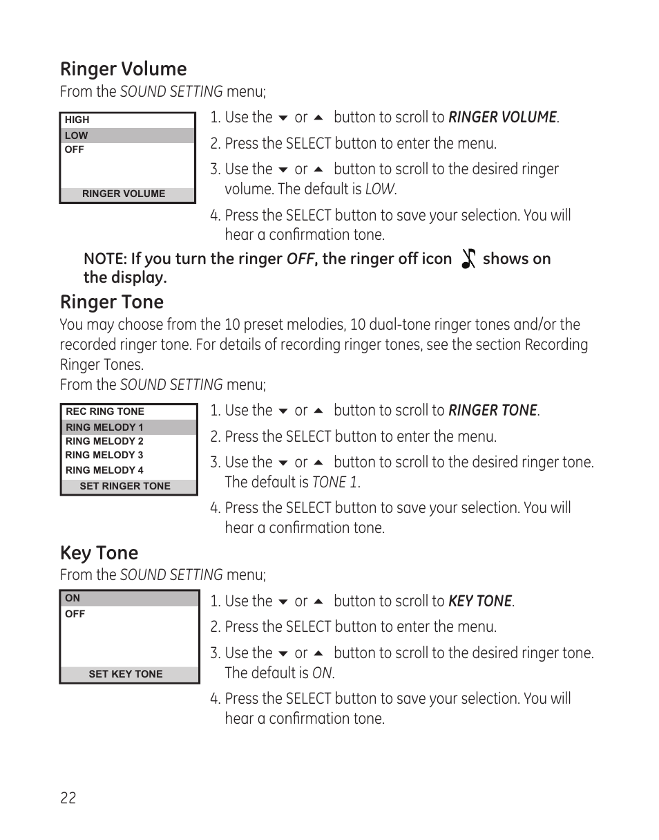 Ringer volume, Ringer tone, Key tone | GE 00008005 User Manual | Page 22 / 62