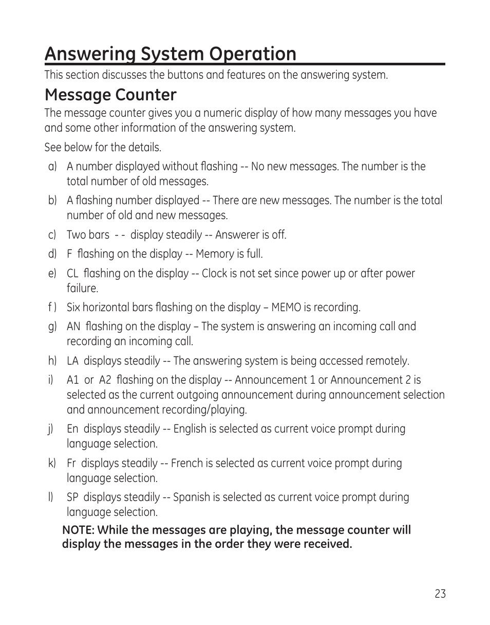 Answering system operation, Message counter | GE 00008005 User Manual | Page 23 / 62