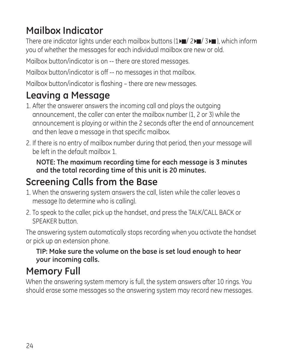 Mailbox indicator, Leaving a message, Screening calls from the base | GE 00008005 User Manual | Page 24 / 62