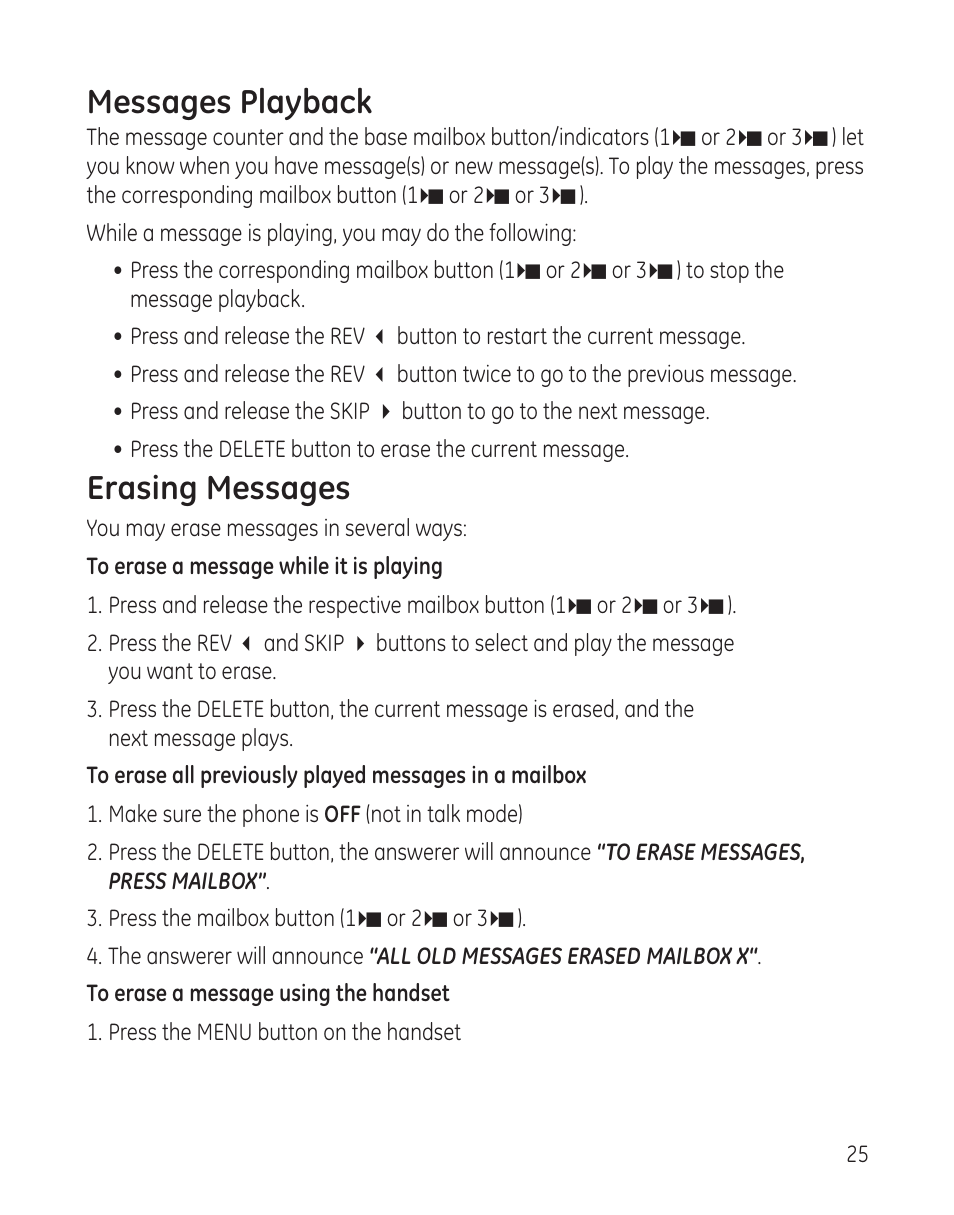 Messages playback, Erasing messages | GE 00008005 User Manual | Page 25 / 62
