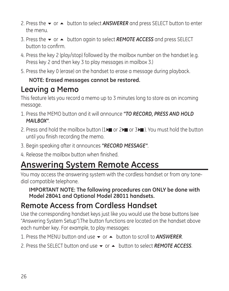 Answering system remote access, Remote access from cordless handset | GE 00008005 User Manual | Page 26 / 62