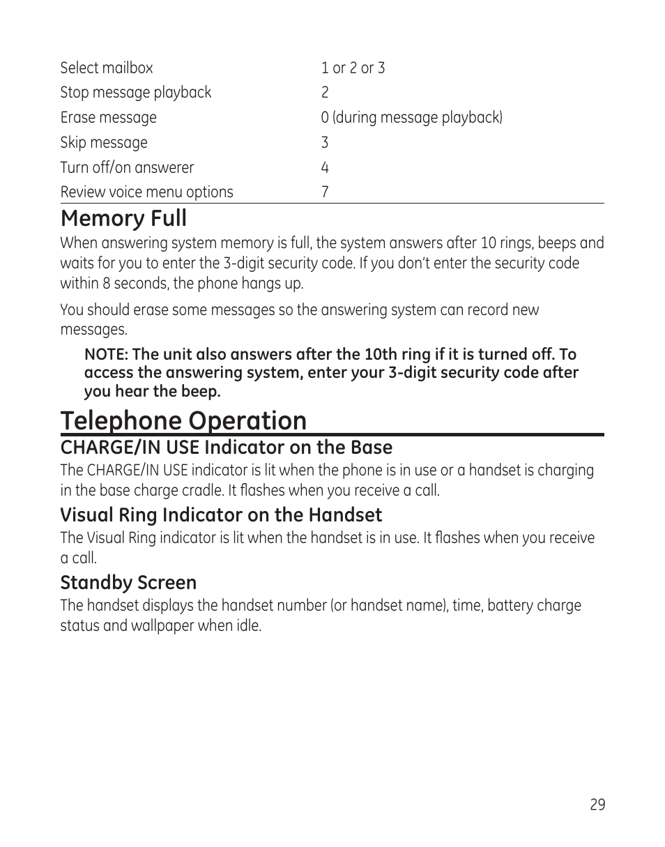 Telephone operation | GE 00008005 User Manual | Page 29 / 62