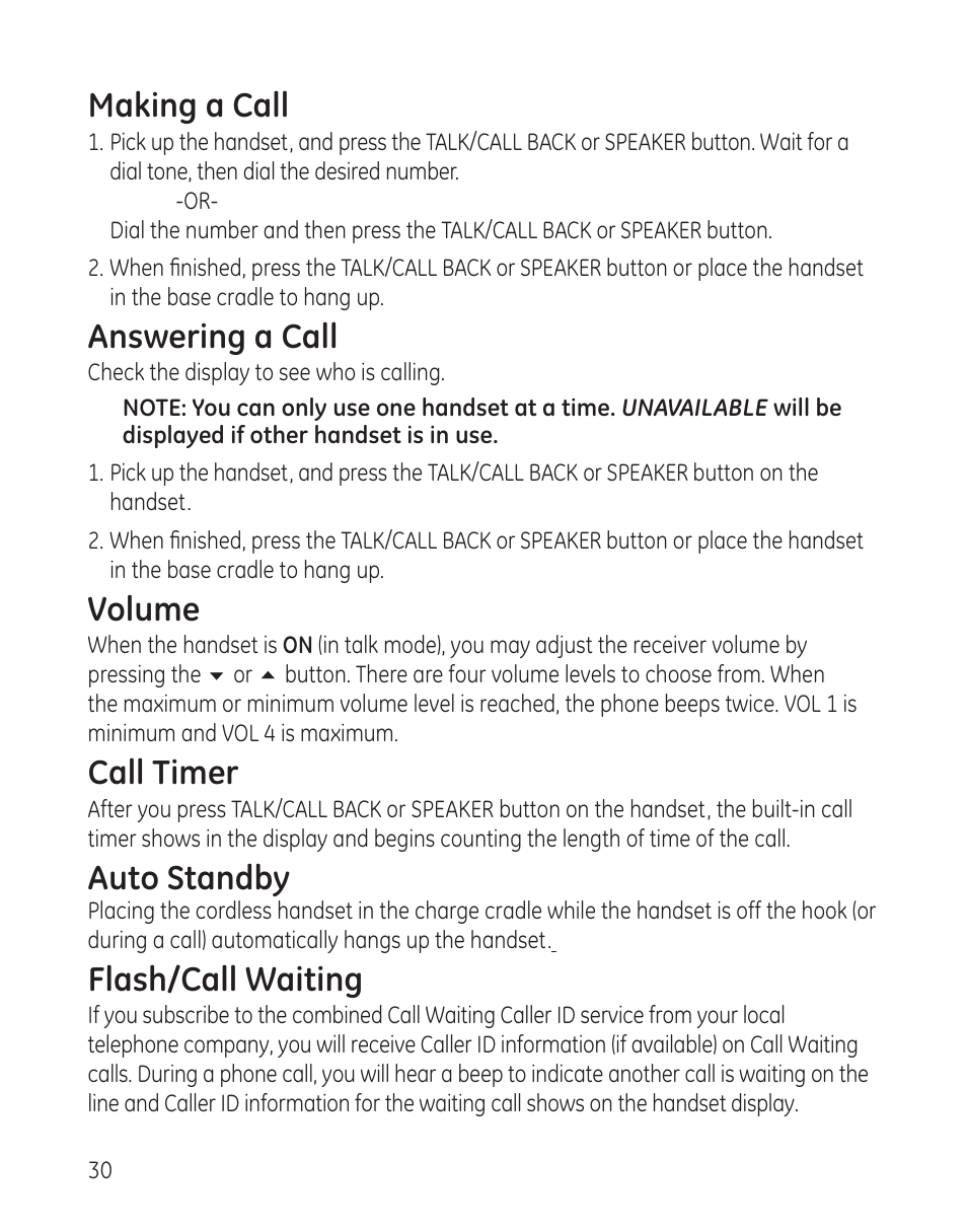 Making a call, Answering a call, Volume | Call timer, Auto standby, Flash/call waiting | GE 00008005 User Manual | Page 30 / 62
