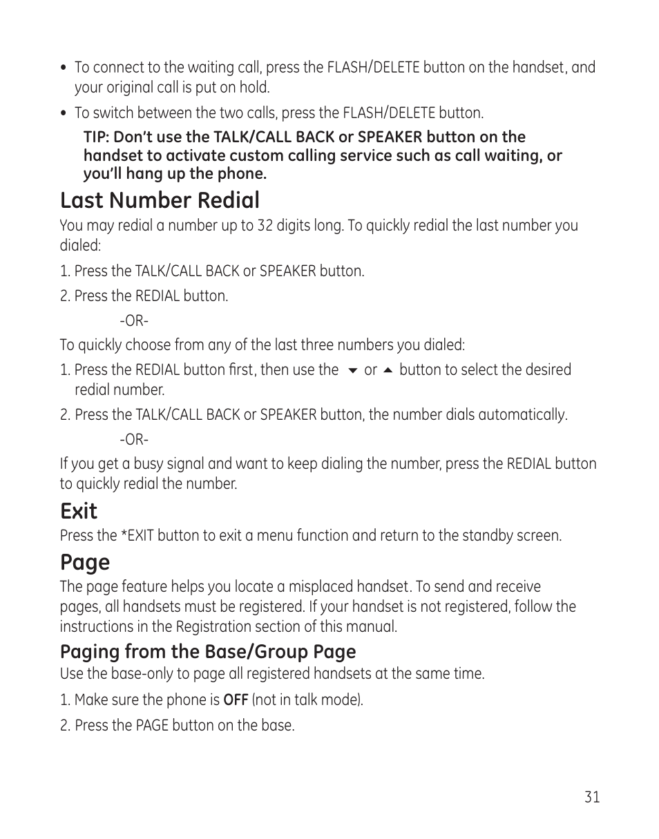 Last number redial, Exit, Page | GE 00008005 User Manual | Page 31 / 62
