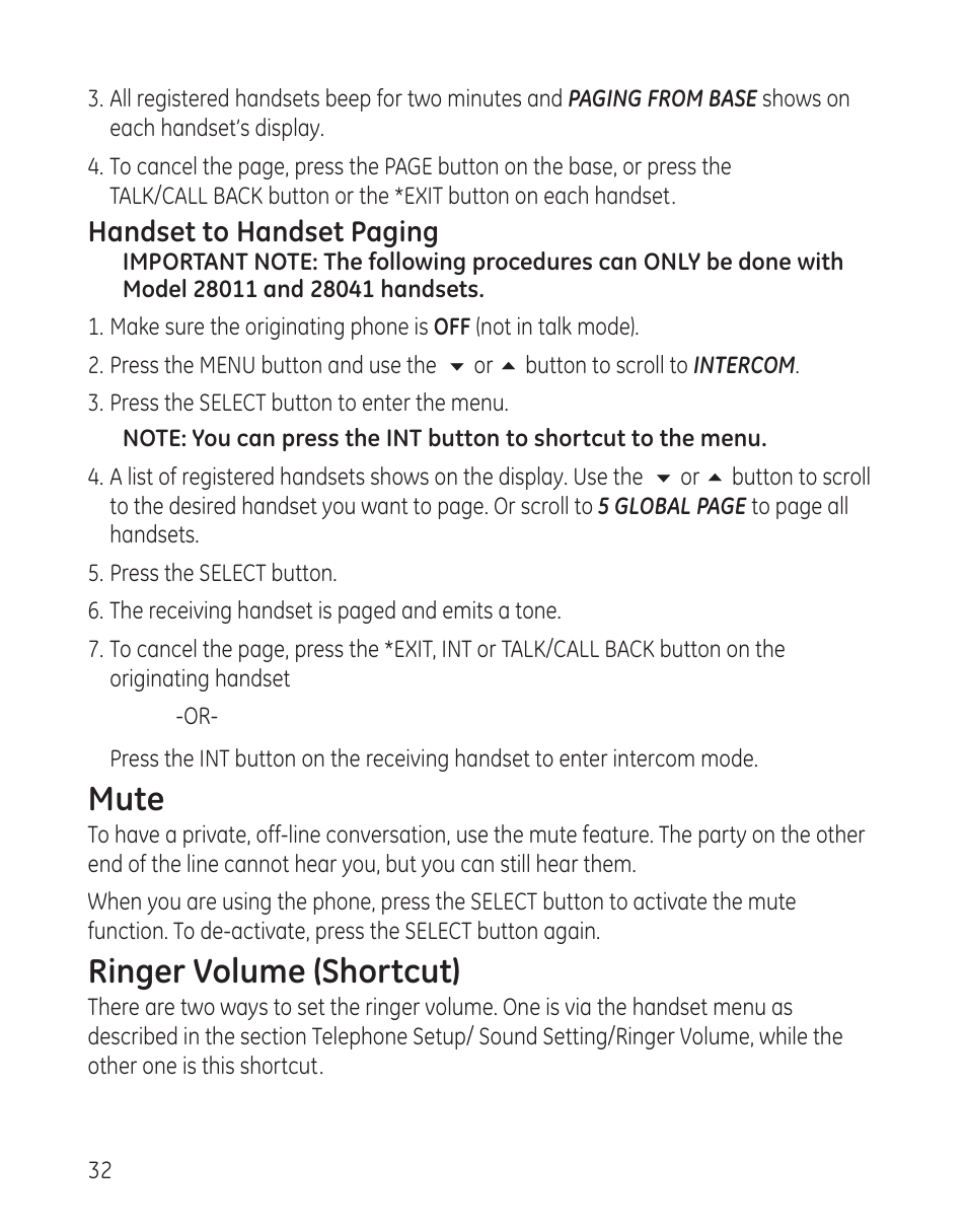 Mute, Ringer volume (shortcut) | GE 00008005 User Manual | Page 32 / 62