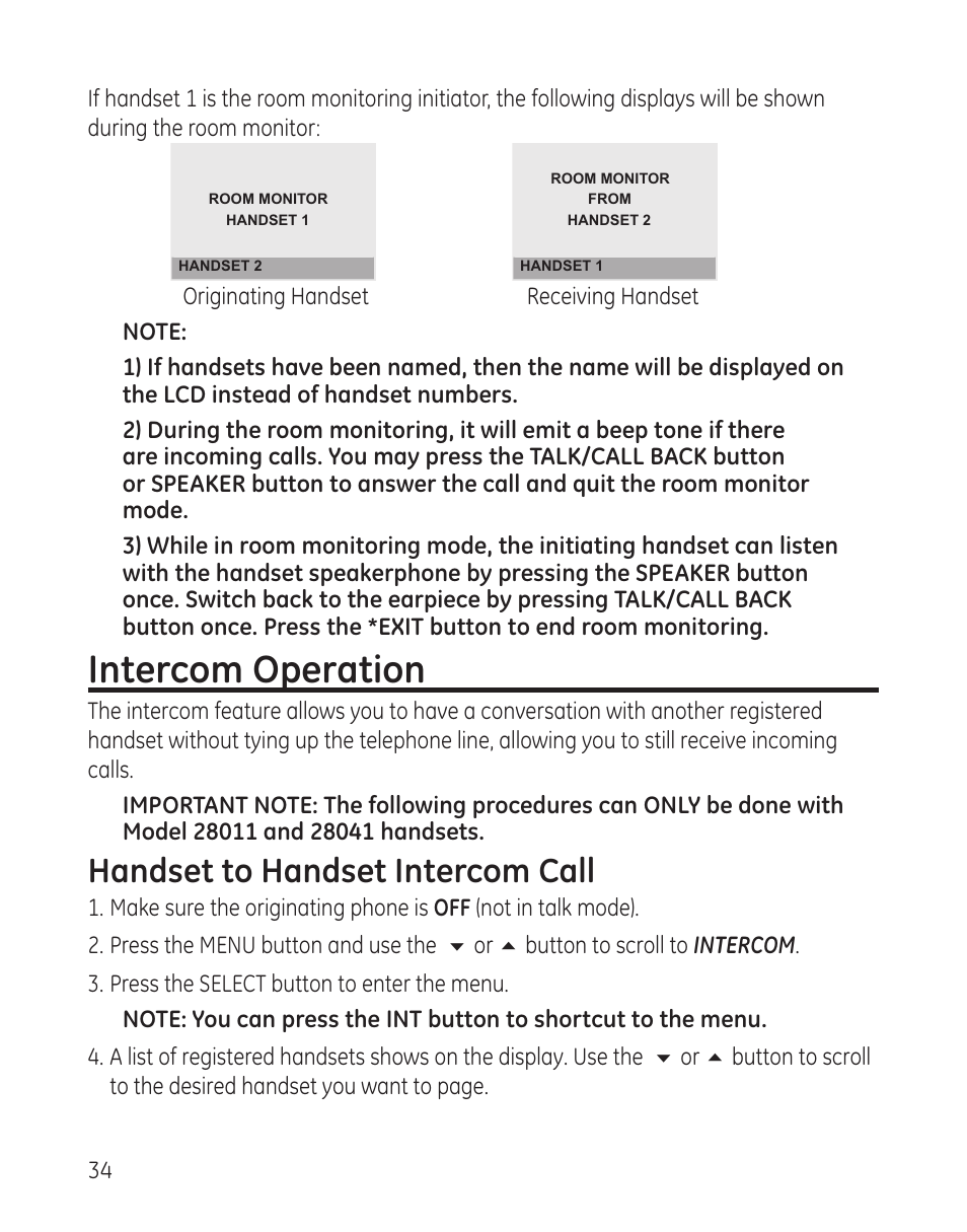 Intercom operation, Handset to handset intercom call | GE 00008005 User Manual | Page 34 / 62