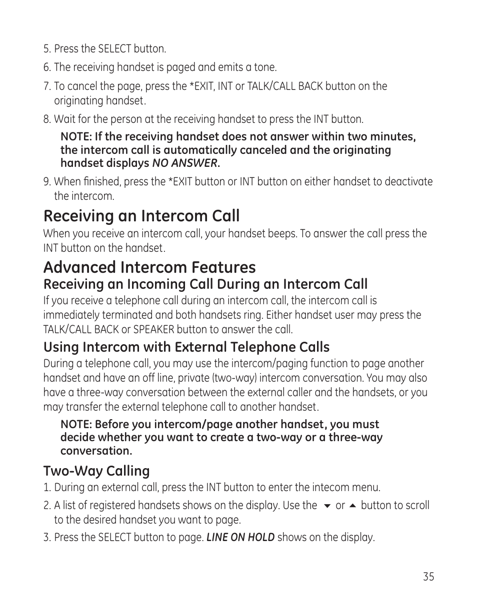 Receiving an intercom call, Advanced intercom features | GE 00008005 User Manual | Page 35 / 62