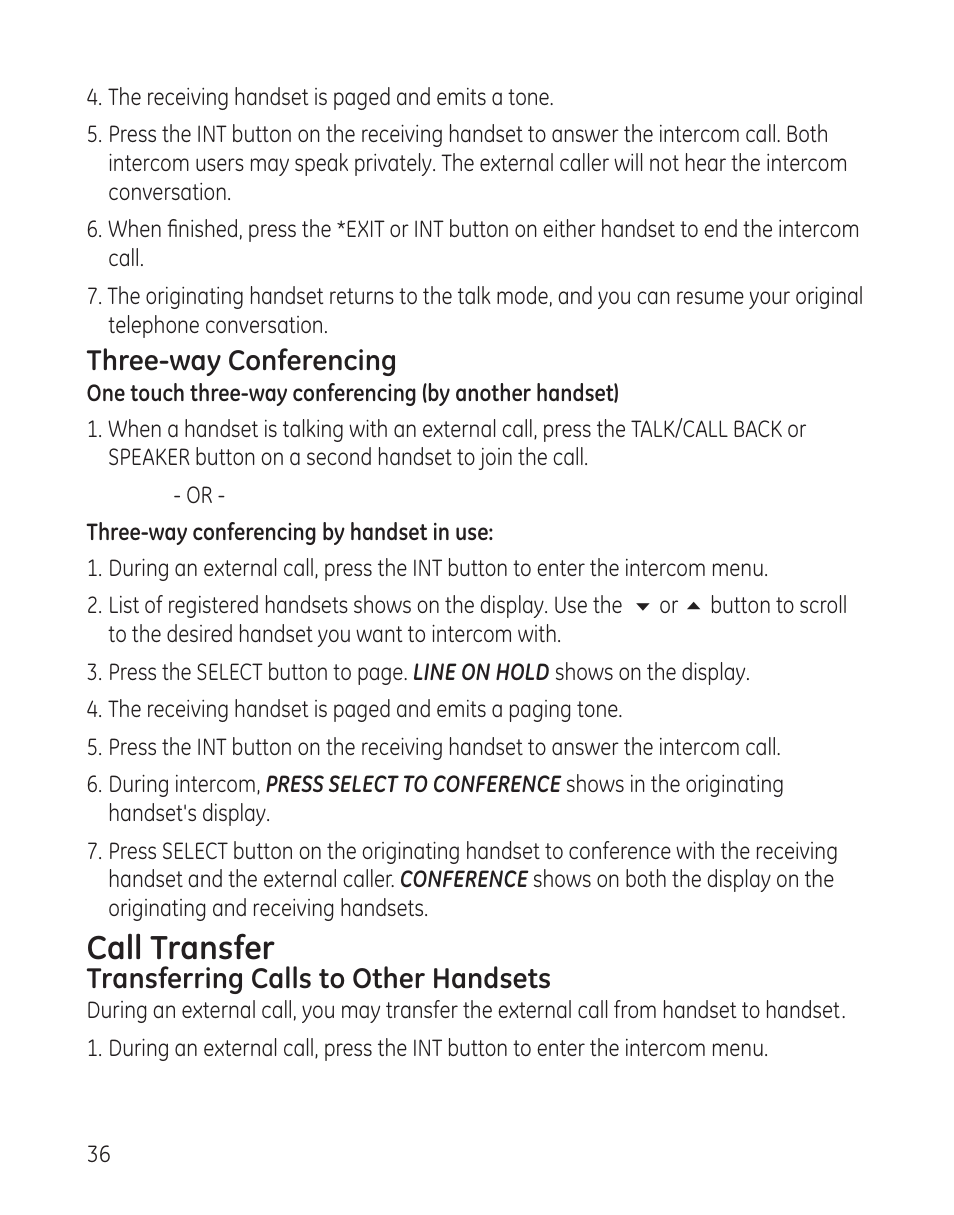 Call transfer | GE 00008005 User Manual | Page 36 / 62