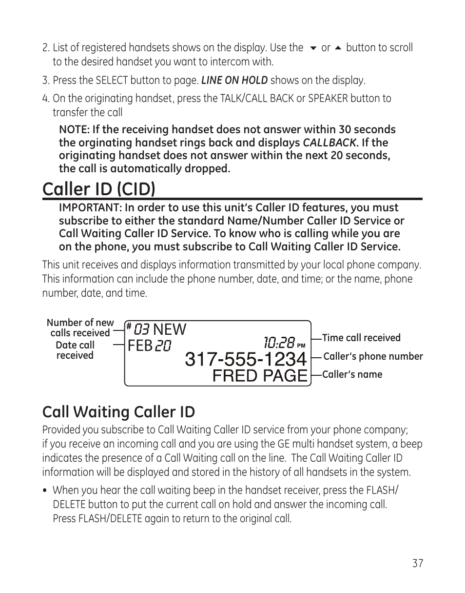 Caller id (cid), New feb, Call waiting caller id | GE 00008005 User Manual | Page 37 / 62