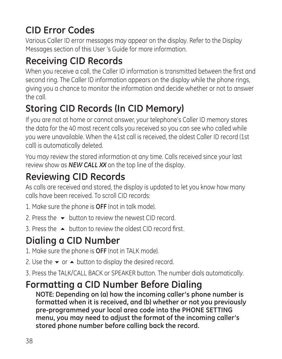 Cid error codes, Receiving cid records, Reviewing cid records | Dialing a cid number, Formatting a cid number before dialing | GE 00008005 User Manual | Page 38 / 62