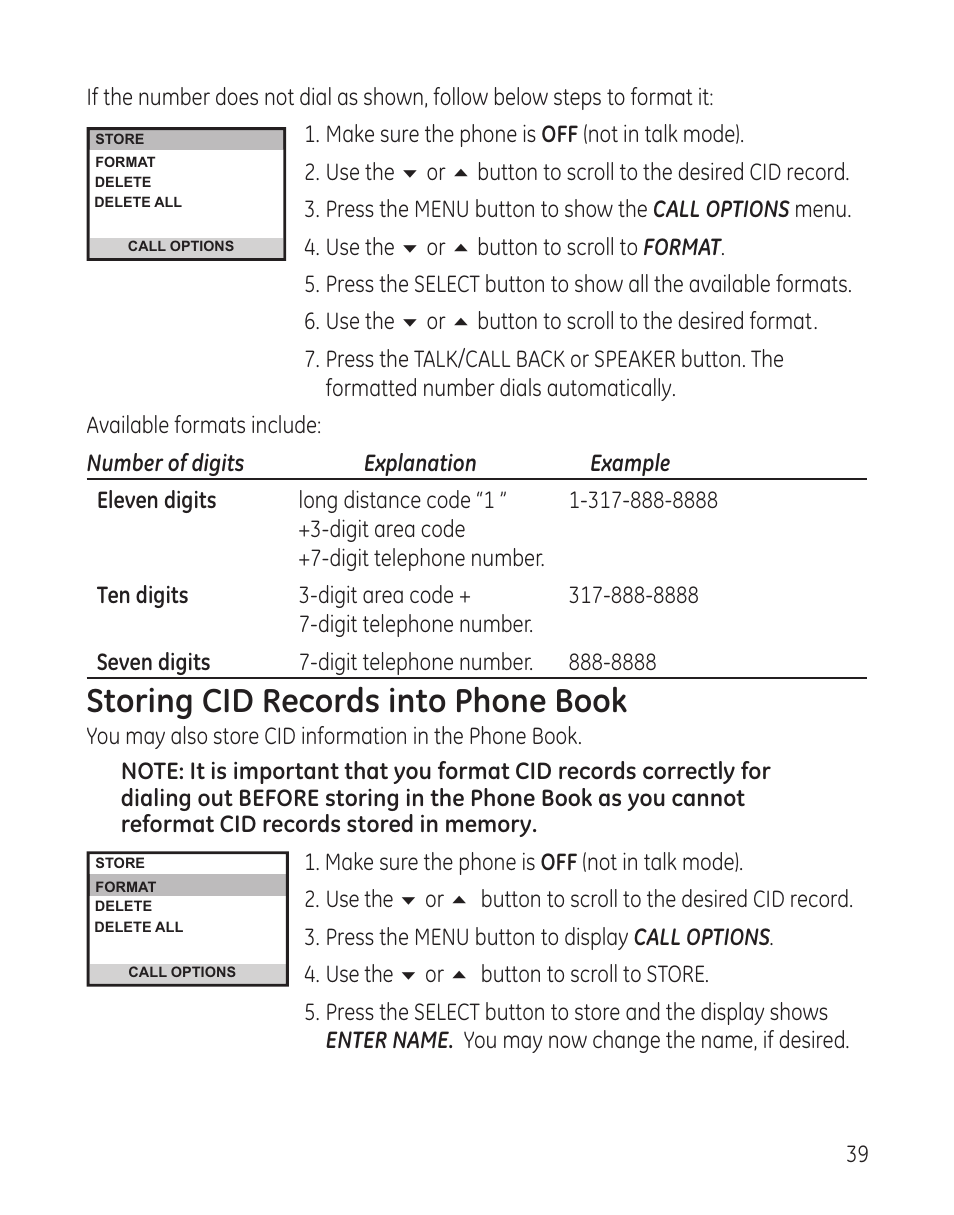 Storing cid records into phone book | GE 00008005 User Manual | Page 39 / 62