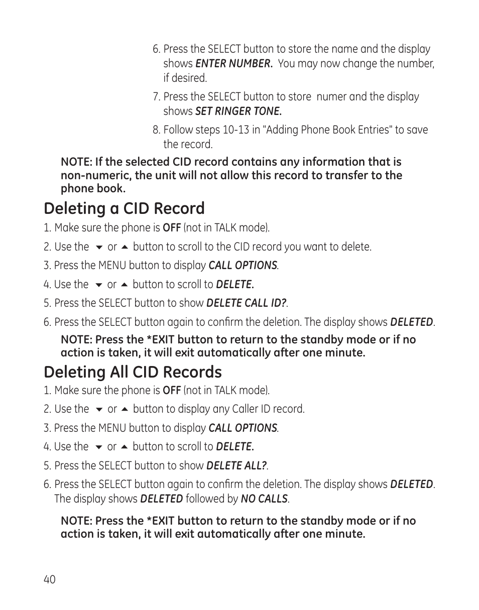 Deleting a cid record, Deleting all cid records | GE 00008005 User Manual | Page 40 / 62