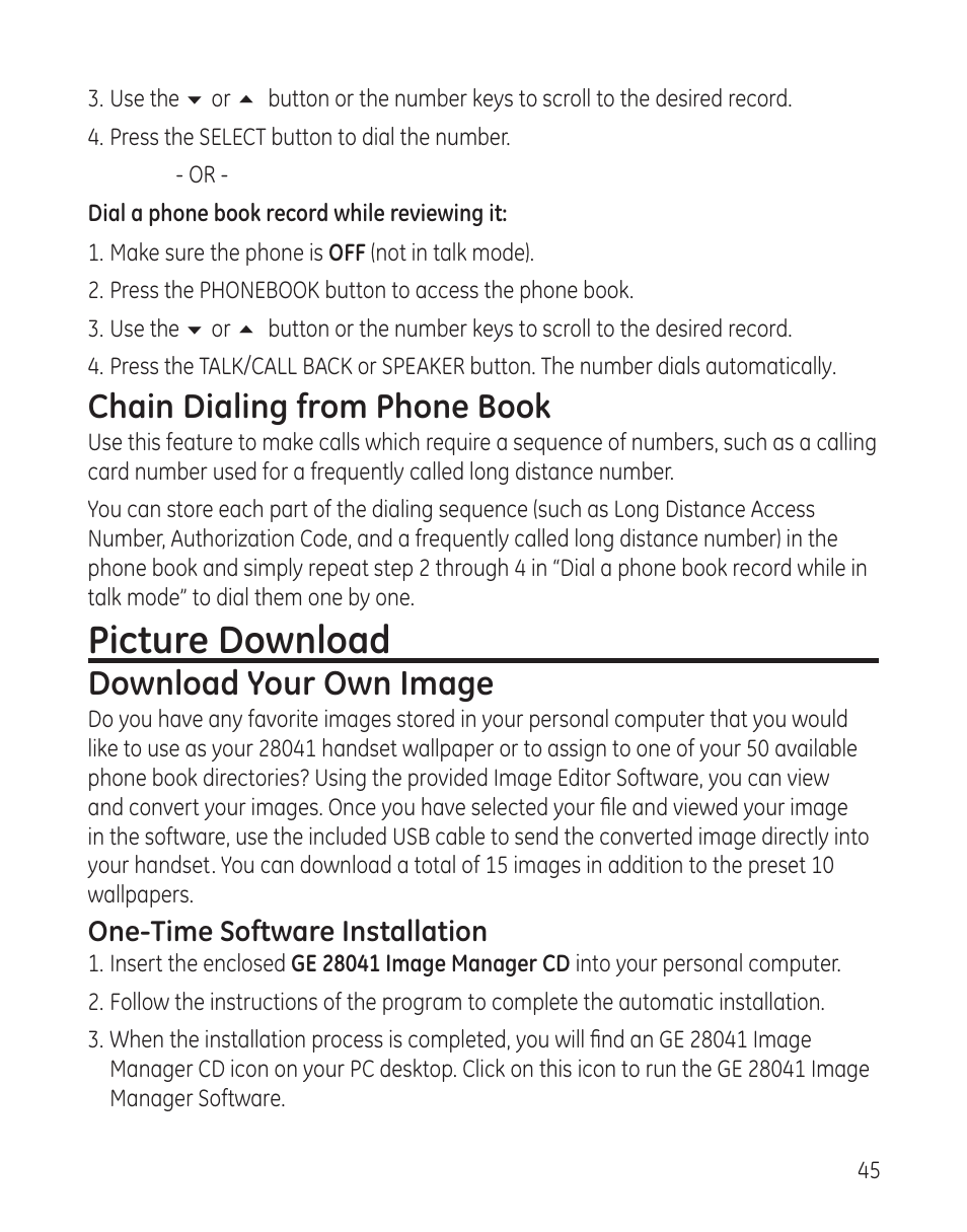 Picture download, Chain dialing from phone book, Download your own image | GE 00008005 User Manual | Page 45 / 62