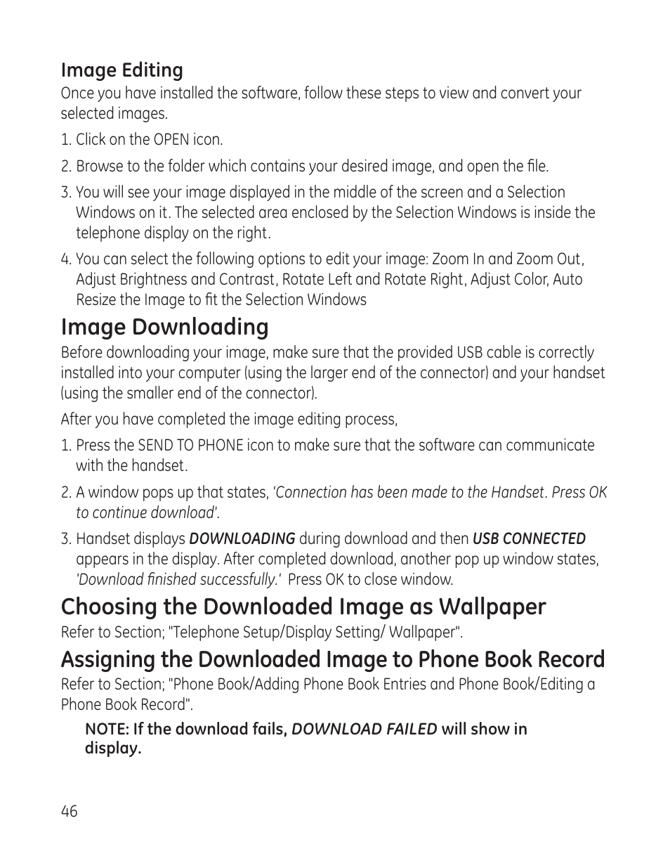 Image downloading, Choosing the downloaded image as wallpaper | GE 00008005 User Manual | Page 46 / 62