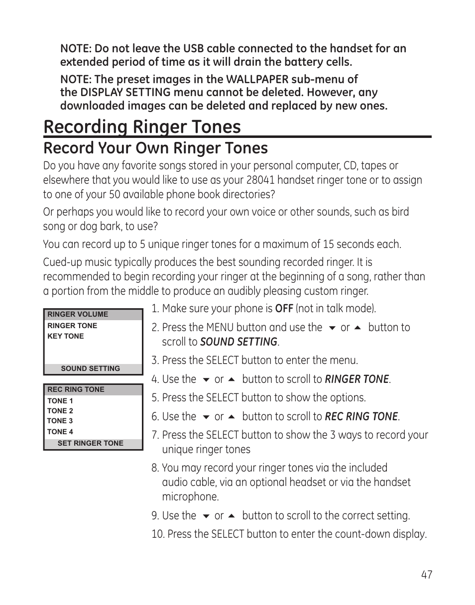 Recording ringer tones, Record your own ringer tones | GE 00008005 User Manual | Page 47 / 62