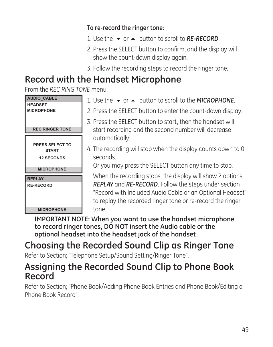 Record with the handset microphone, Choosing the recorded sound clip as ringer tone | GE 00008005 User Manual | Page 49 / 62