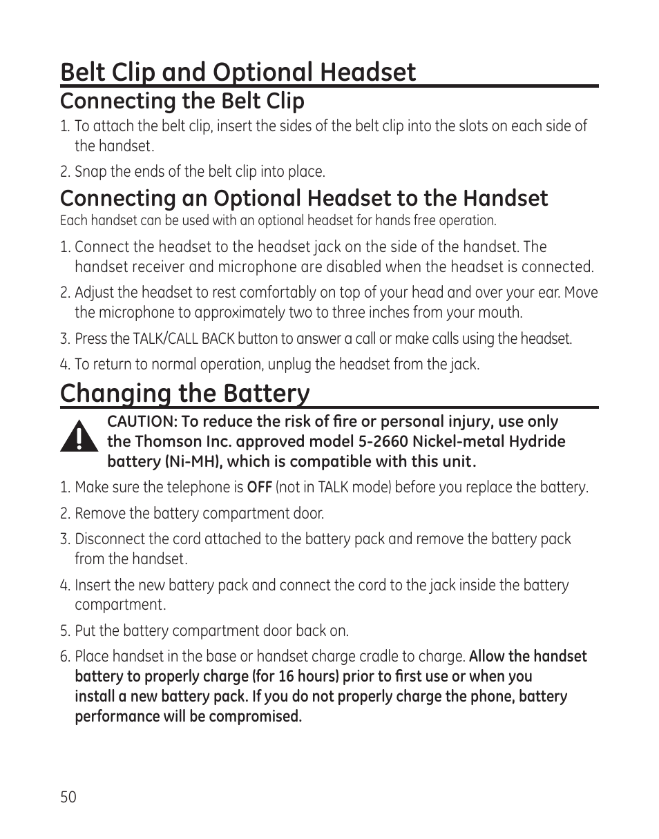 Belt clip and optional headset, Changing the battery, Connecting the belt clip | Connecting an optional headset to the handset | GE 00008005 User Manual | Page 50 / 62