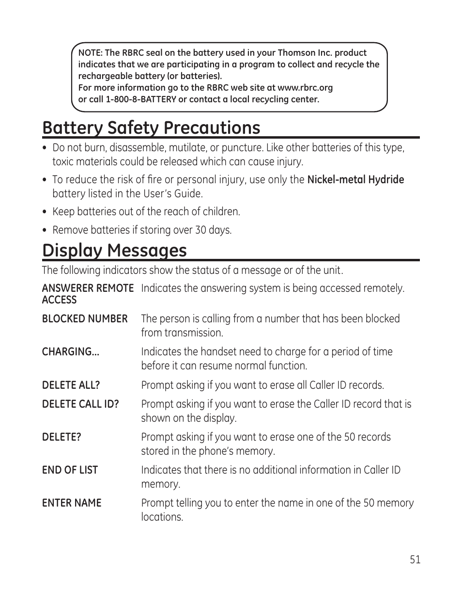 Battery safety precautions, Display messages | GE 00008005 User Manual | Page 51 / 62