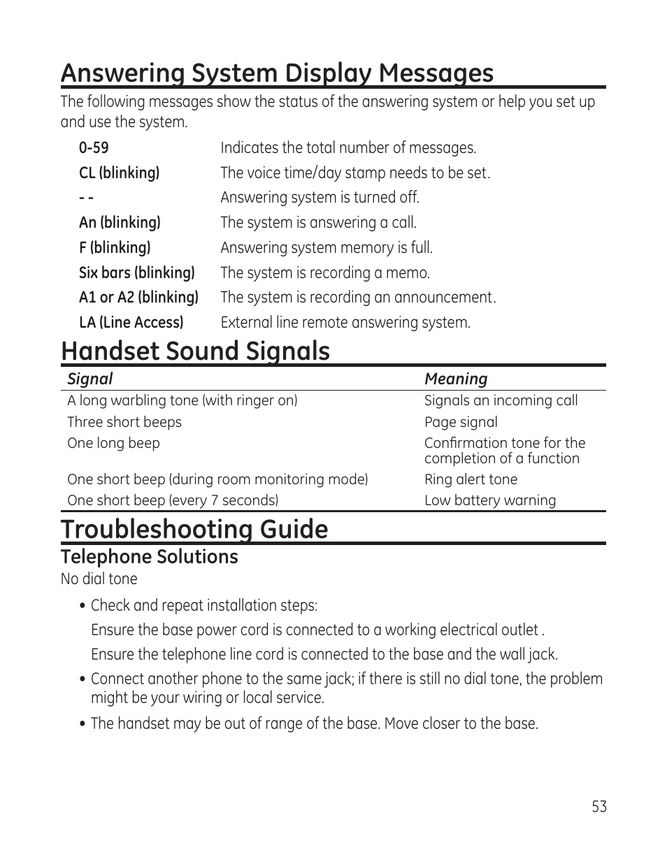 Answering system display messages, Handset sound signals, Troubleshooting guide | Telephone solutions | GE 00008005 User Manual | Page 53 / 62